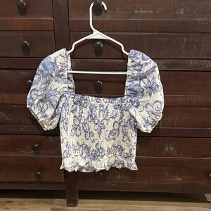 Lulu's Blue Floral Puff Sleeve Blouse